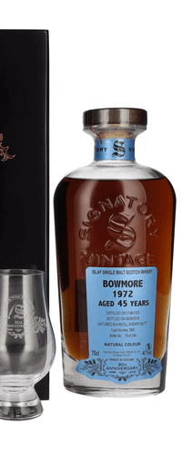 Signatory Vintage BOWMORE 45 Years Old 30th ANNIVERSARY 1972 46,7% Vol. 0,7l in wooden box with 2 glasses