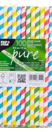 Paper drinking straws, assorted colors, 21 cm, 100 pieces